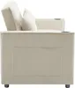 Side view of a beige sofa bed with two pillows and cup holders on the armrests. Produktbild-Vorschau
