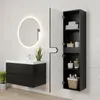 A modern bathroom vanity and cabinet set against a marble-tiled wall. Voir les images du produit