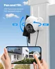 A security camera is shown mounted on a wall, with a smartphone displaying its live feed. The image highlights the camera's pan and tilt features. Produktbild-Vorschau