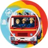 A plate with a Fireman Sam theme, featuring a fire truck with characters and a dog, set against a rainbow background. Produktbild-Vorschau