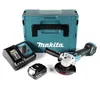 A Makita cordless angle grinder kit with accessories and storage case, displayed on a white background. Produktbild-Vorschau