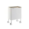 A white trash can with a brown lid and wheels, isolated on a white background. Produktbild-Vorschau