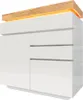A white sideboard with a wooden top and LED lighting. Podgląd zdjęcia produktu