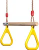 A pair of yellow gymnastic rings hanging from a wooden bar, suspended by ropes. Produktbild-Vorschau