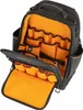 An open black tool backpack with an orange interior, showing multiple compartments and pockets. Podgląd zdjęcia produktu