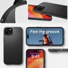 A collage of images showcasing a black phone case for an iPhone 15, with close-ups of its texture and a phone inside it. Produktbild-Vorschau