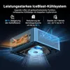 A blue mini PC with cooling system graphics and text highlighting its features. Produktbild-Vorschau