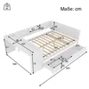 A diagram showing the dimensions of a white bed frame with a desk and drawers. Produktbild-Vorschau