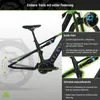 A close-up marketing image of a full-suspension electric mountain bike frame, highlighting its suspension components and features with text overlays. Produktbild-Vorschau