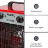 A close-up of a red electric heater with control dials and text overlays describing its features. Produktbild-Vorschau