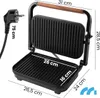 A black electric grill with dimensions indicated by white text and lines. Produktbild-Vorschau