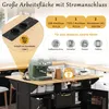 A kitchen island with a coffee machine and various kitchen appliances shown as icons, highlighting its features and connectivity. Produktbild-Vorschau