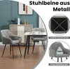 Two grey upholstered dining chairs are shown in a room setting with a dresser and artwork in the background. Inset images highlight the chair's metal legs and its weight capacity. Produktbild-Vorschau