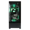 A gaming PC with internal components visible through a glass side panel, illuminated by green LED lights. Produktbild-Vorschau