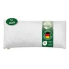 A white quilted pillow is presented flat against a white background, with product information labels attached to it. Produktbild-Vorschau