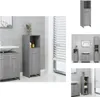 A collage of images showing a gray bathroom cabinet in different settings and angles. Produktbild-Vorschau