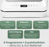 A white dishwasher with various program options displayed as green text boxes below it. Produktbild-Vorschau