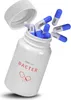 A white bottle of medicine with blue and white capsules spilling out. Produktbild-Vorschau
