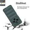 A dark green phone case is shown diagonally, appearing to be dropped onto a cracked white surface. Text overlays indicate it is shockproof and offers perfect protection. Produktbild-Vorschau