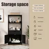 A black storage cabinet with multiple shelves, a drawer, and a cabinet with two doors, displayed in a room setting with some decorative items and plants. Podgląd zdjęcia produktu