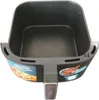 A black air fryer basket with labels showing food. Produktbild-Vorschau