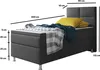 A boxspring bed with pillows and blankets, with dimensions indicated by lines and text. Produktbild-Vorschau