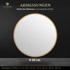 A round mirror with a gold frame is displayed against a dark background, with text providing product specifications. Produktbild-Vorschau