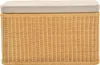 A front view of a rectangular wicker storage ottoman with a beige upholstered lid. Produktbild-Vorschau