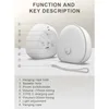 A diagram showing the functions and key descriptions of a white device, with a second view of the device to the right. Produktbild-Vorschau