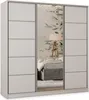 A white sliding door wardrobe with a mirrored center panel, reflecting a bedroom scene with a bed and a floor lamp. Produktbild-Vorschau