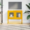 A yellow TV stand with glass doors is shown in a room with a white brick wall and a large plant. Voir les images du produit