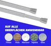 Two silver telescopic rods are shown against a white background, with a blue overlay at the bottom featuring text and circular images of different surfaces. Produktbild-Vorschau