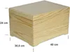 A wooden chest with dimensions indicated by measurement lines and text. Produktbild-Vorschau