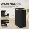 A black laundry basket with a wooden rim, shown with dimensions and feature callouts. Produktbild-Vorschau