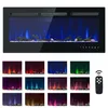 A collage of an electric fireplace and various color options for its flame effect, along with a remote control.