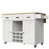 A white kitchen cart with a wooden top, featuring drawers, cabinets, and a wine rack. Produktbild-Vorschau