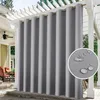 Outdoor curtains hanging on a pergola, with a close-up inset showing water droplets on the fabric. Voir les images du produit