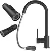 A black kitchen faucet with a pull-out spray head and a flexible hose is shown against a white background. Two additional spray heads are displayed separately. Náhled obrázku produktu