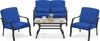 A patio furniture set with a loveseat, two chairs, and a coffee table, all with blue cushions, displayed on a white background. Podgląd zdjęcia produktu