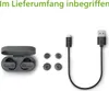 A set of wireless earbuds and their accessories are displayed on a white background. Produktbild-Vorschau