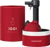 A red steam cleaner with a black nozzle and hose, presented next to its cylindrical red packaging, on a white background. Anteprima dell’immagine prodotto
