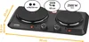 A black electric double hot plate cooker is shown from a diagonal, slightly elevated front view. It is positioned on a white background. Dimensions are indicated with yellow lines and text. Several circles with icons and text are overlaid on the image. Produktbild-Vorschau