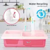 A pink toy sink with a faucet and water flowing, set against a blurred kitchen background. Text overlays highlight features like 'Water Recycling' and 'Switch On and Off'. Náhled obrázku produktu
