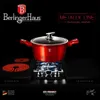A red pot with a glass lid sits on a stove with glowing burners. Produktbild-Vorschau