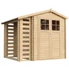 A wooden garden shed with a log cabin style construction and an open section for wood storage. Náhľad obrázku produktu