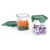 Two clear plastic food storage containers with green lids, one containing shredded carrots and sliced cucumbers, and the other containing diced red onions. A separate green lid is shown to the left. Produktbild-Vorschau