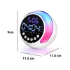 A digital alarm clock with RGB lighting and dimensions indicated. Produktbild-Vorschau