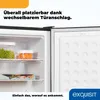 Interior view of an open refrigerator or freezer, showing shelves with food items and the interior wall with circular indentations. Text overlays describe product features and branding. Produktbild-Vorschau