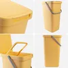 A collage of four images showing different views of a yellow plastic trash can with a lid and handle. Podgląd zdjęcia produktu
