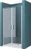 A shower door with two glass doors and silver handles, set against a teal background. Produktbild-Vorschau